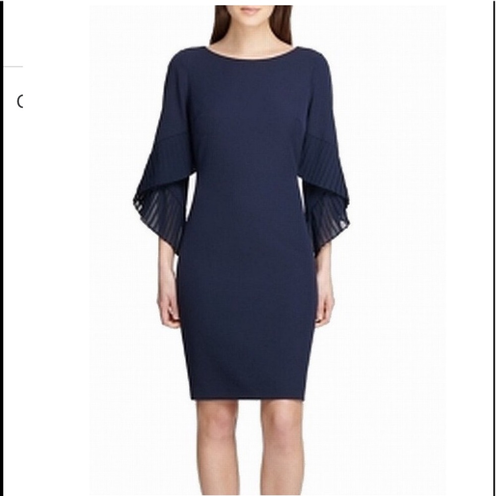 DKNY Navy Pleated Bell Sleeve Shift Dress